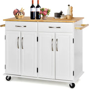 Carrello da cucina con piano di lavoro in legno di gomma con 2 armadi e ripiani regolabili, 2 cassetti grandi, portasciugamani laterali, armadio con ruote, 122 x 48 x 92,5 cm (bianco)