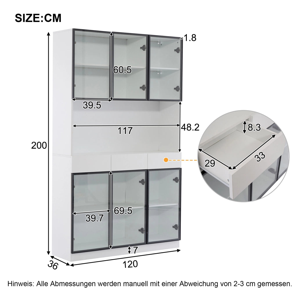 Vetrina con LED e 3 cassetti con ripiani regolabili e piano aperto per soggiorno cucina bianco 120 × 30 × 200 cm