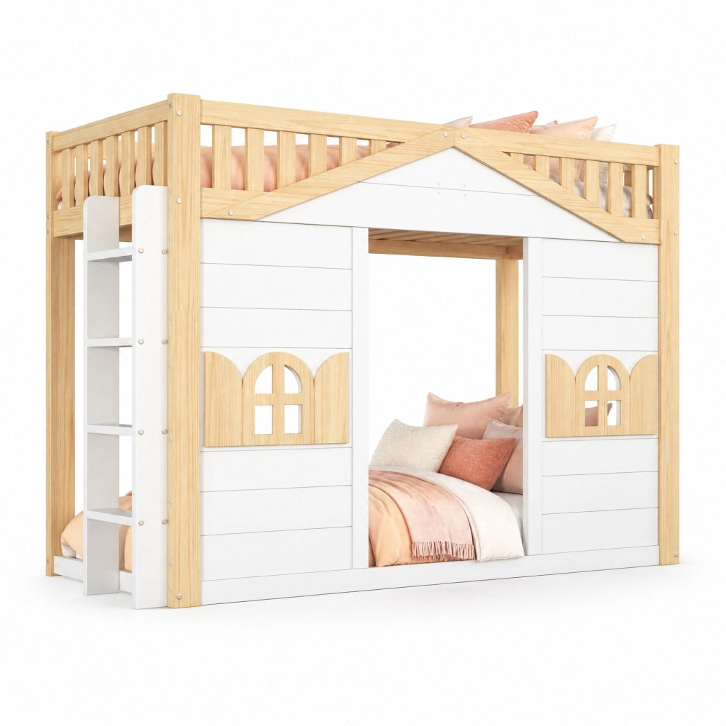 Letto a castello per bambini 90x200 cm in pino bianco con finestra e scala reversibile