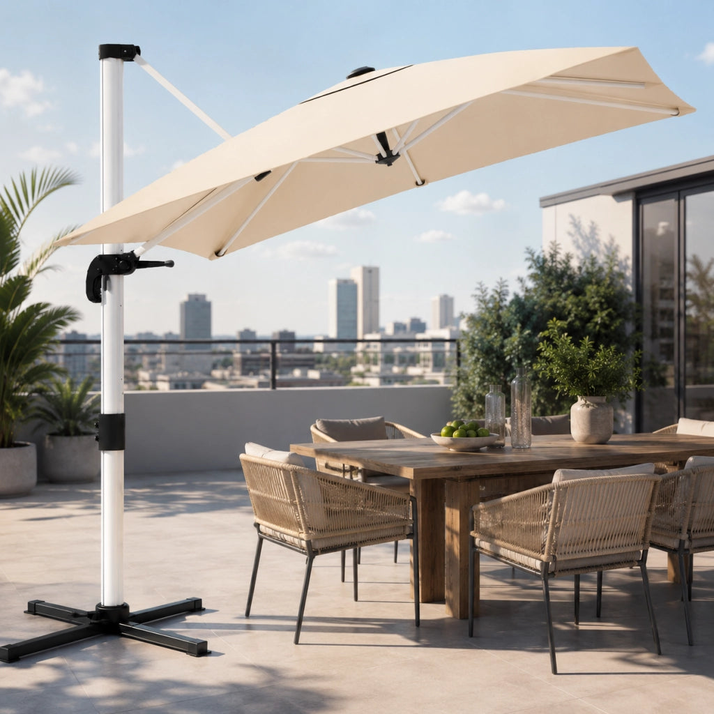 Ombrellone Decentrato 3X3 Metri Con Base A Croce Per Giardino Terrazza Patio E Piscina Struttura In Alluminio Antiruggine Telo Impermeabile UV50+ Inclinabile 300 x 300 x 260 Cm Beige