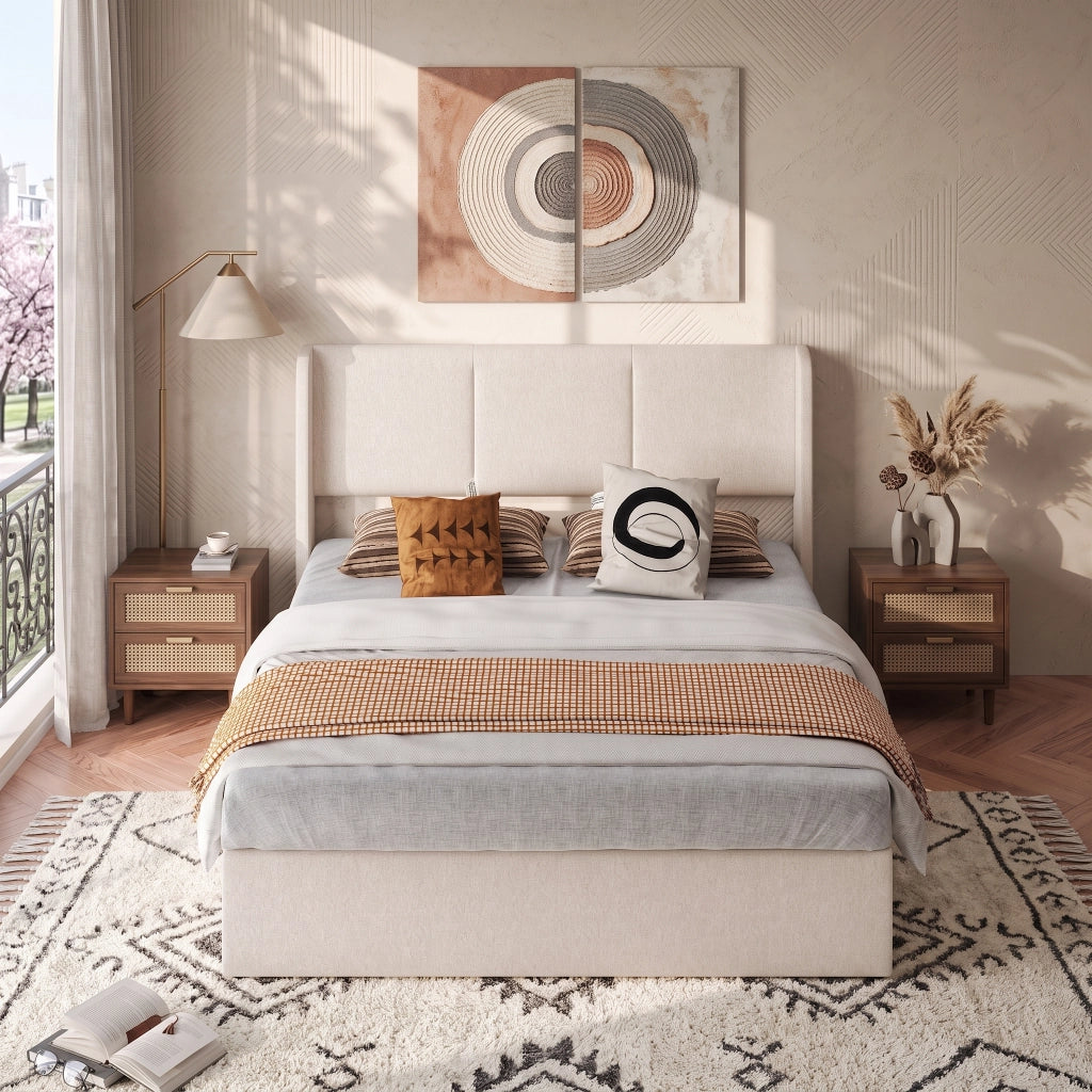 Letto matrimoniale contenitore 140x190 cm con testiera imbottita rete a doghe e vano contenitore idraulico in lino-beige