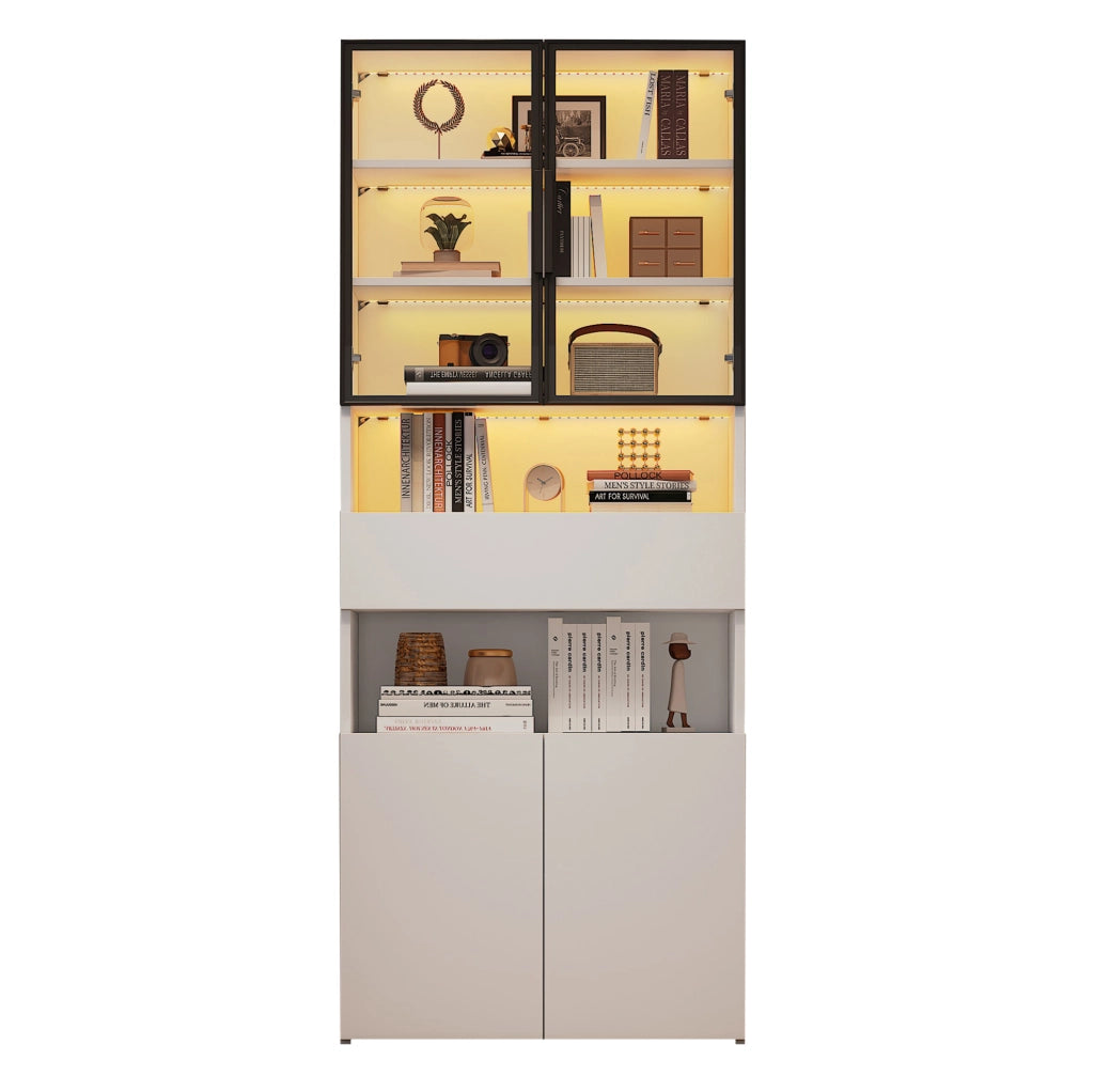 Vetrina alta con LED e ante in vetro; 70 x 30 x 200 cm; bianco