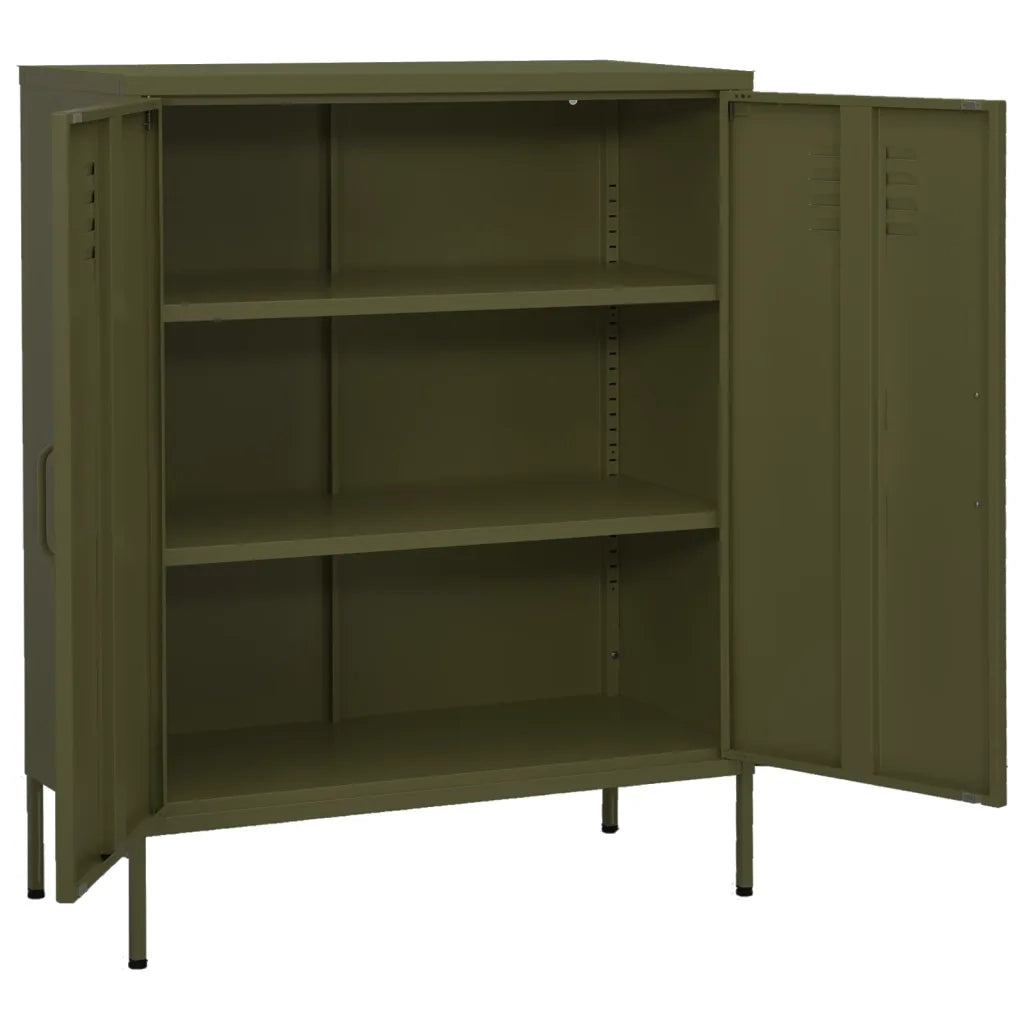Pratico mobile contenitore di design dimensioni 80 x 35 x 101,5 cm con ripiani regolabili in acciaio verde oliva. Codice articolo: 02_0046853.