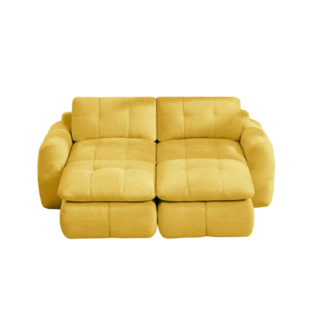 Divano modulare 2 posti in chenille giallo; seduta ampia e profonda; 194x160x68 cm