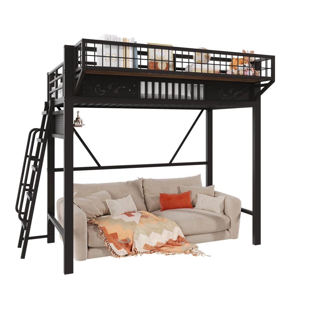 Letto a soppalco 90x200 cm per 2 persone, letto alto con ripiani portaoggetti e spazio aperto sottostante, metallo nero
