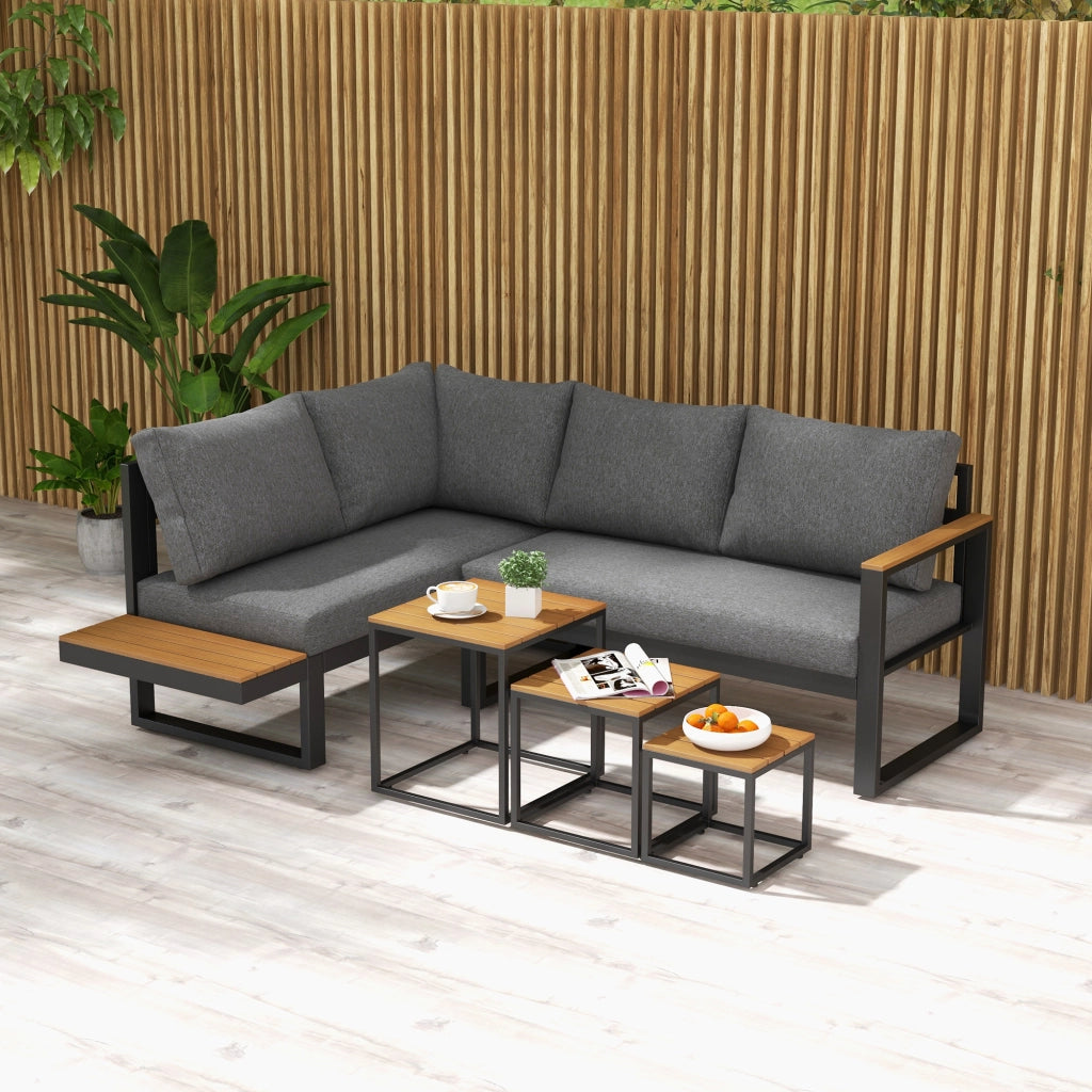 Set Salotto da Giardino 5 Pezzi ¨C Xylo ¨C Polyrattan Grigio e Legno Naturale 148x61x71,5cm