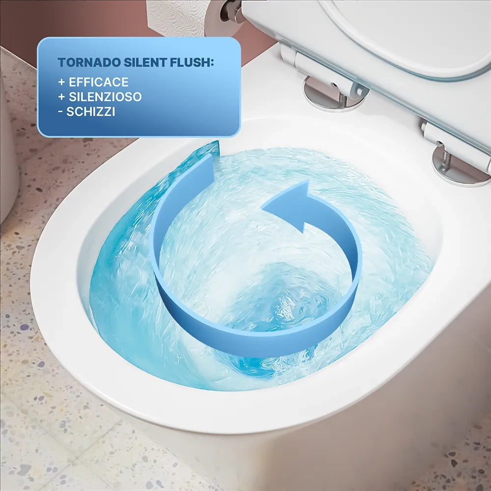 Sanitari filomuro in ceramica bianco lucido vaso tornado silent flush sedile soft-close e bidet | Rio