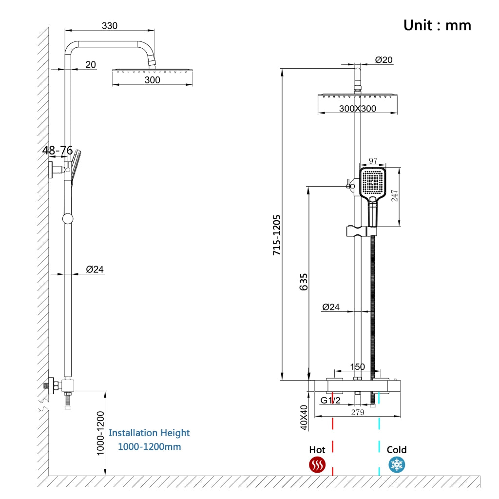 Colonna doccia con miscelatore termostatico, saliscendi doccia tondo regolabile 72-120cm, cromo