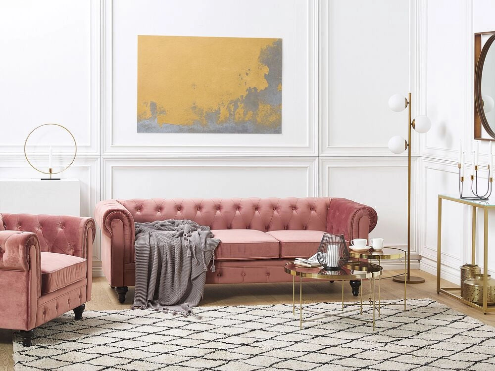 Set da soggiorno Chesterfield con rivestimento in velluto rosa e gambe nere divano a 3 posti + poltrona