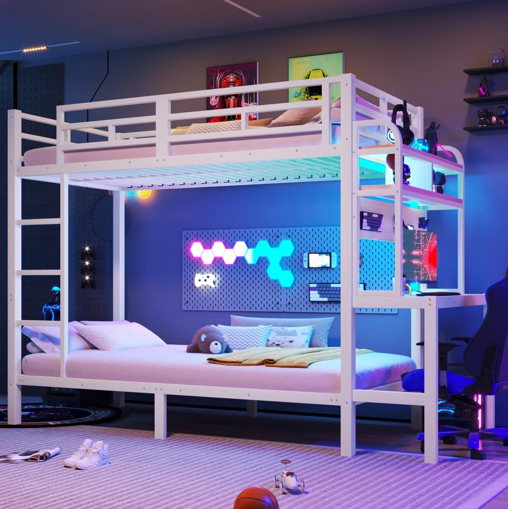 Letto a castello 90x200 cm in metallo e MDF; con scrivania; ripiani; LED e USB; bianco