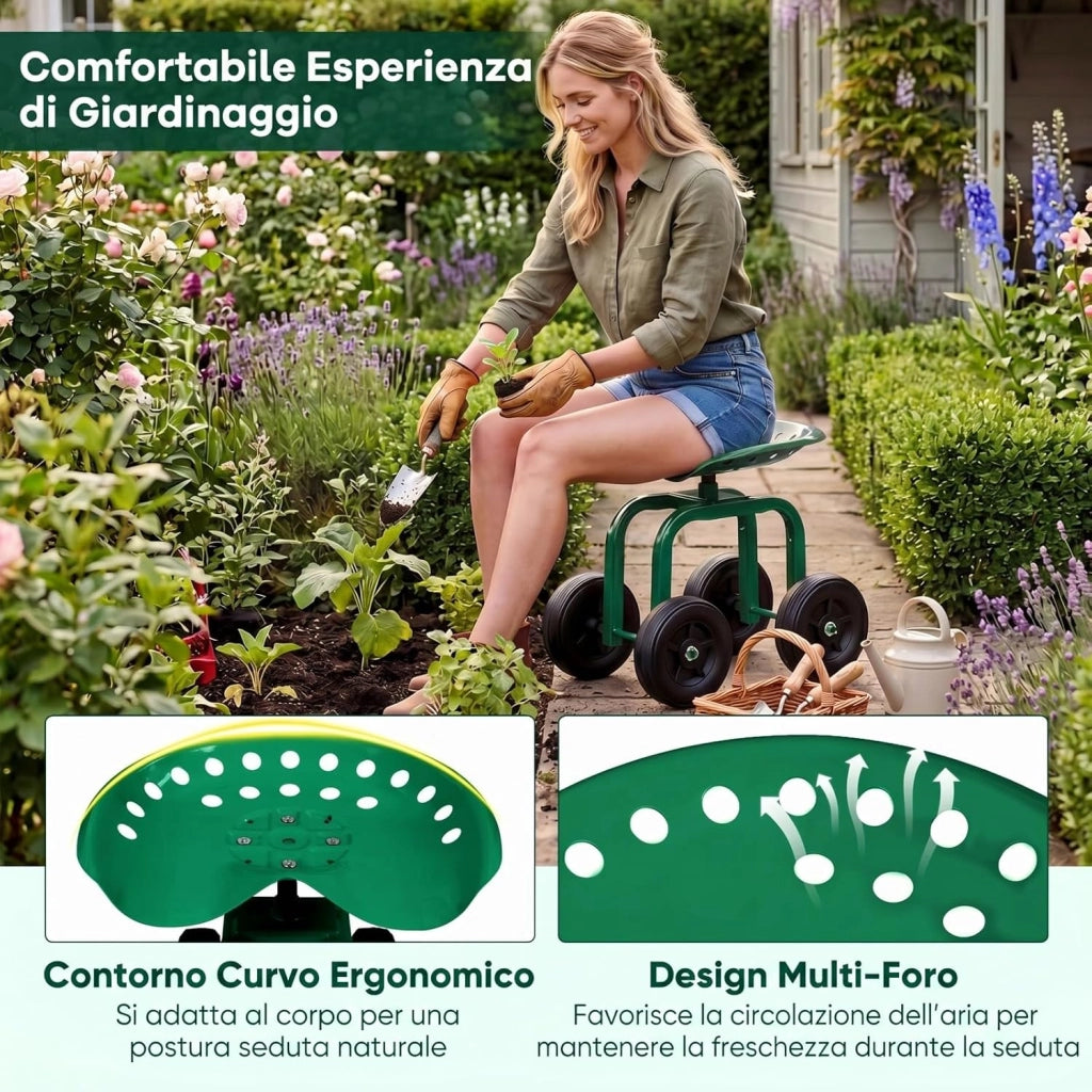 Sgabello con Ruote per Giardinaggio, Sedile con Ruote Regolabile in Altezza e Portatile, Seggiolino da Giardino, Prato e Cortile, Portata 150kg (Verde)