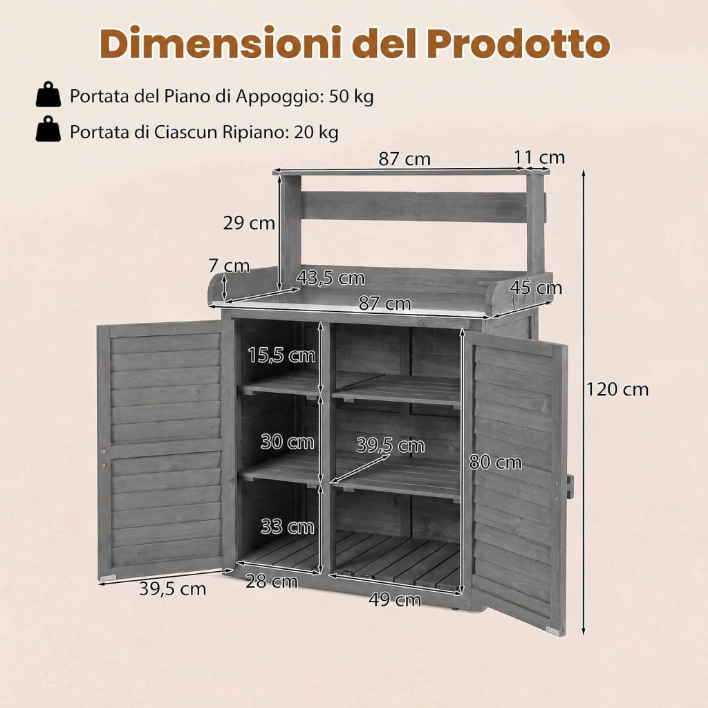 Armadietto da Esterno in Legno a 2 Livelli (Grigio) | con Piano in Metallo Zincato, 3 Ganci Appendiabiti, Ripiani Rimovibili e Ante a Doghe, da Giardino, Balcone e Cortile
