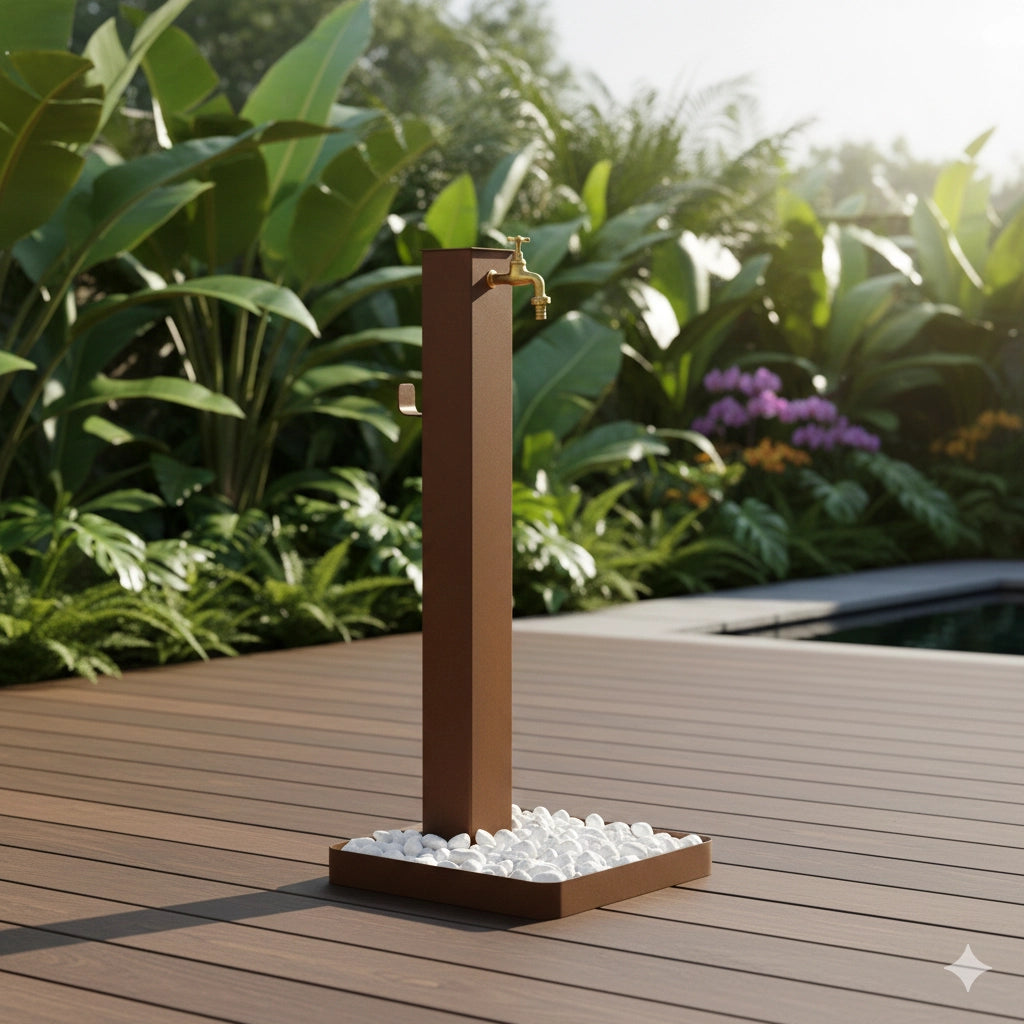 Fontana da Giardino Design a Colonna Quadrata Rubinetto in Ottone e Base con Ciottoli Corten