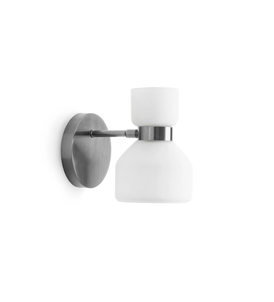 FIFTY APPLIQUE DA PARETE ORIENTABILE ACCIAIO SPAZZOLATO E VETRO BIANCO OPALE ATTCCO E14