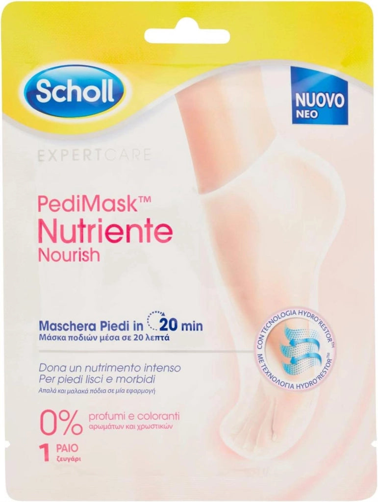 SCHOLL PEDIMASK MASCHERA PIEDI NUTRIENTE CON OLIO DI MACADAMIA 0% PROFUMI E COLORANTI 1 PAIO DI CALZINI 20 MINUTI