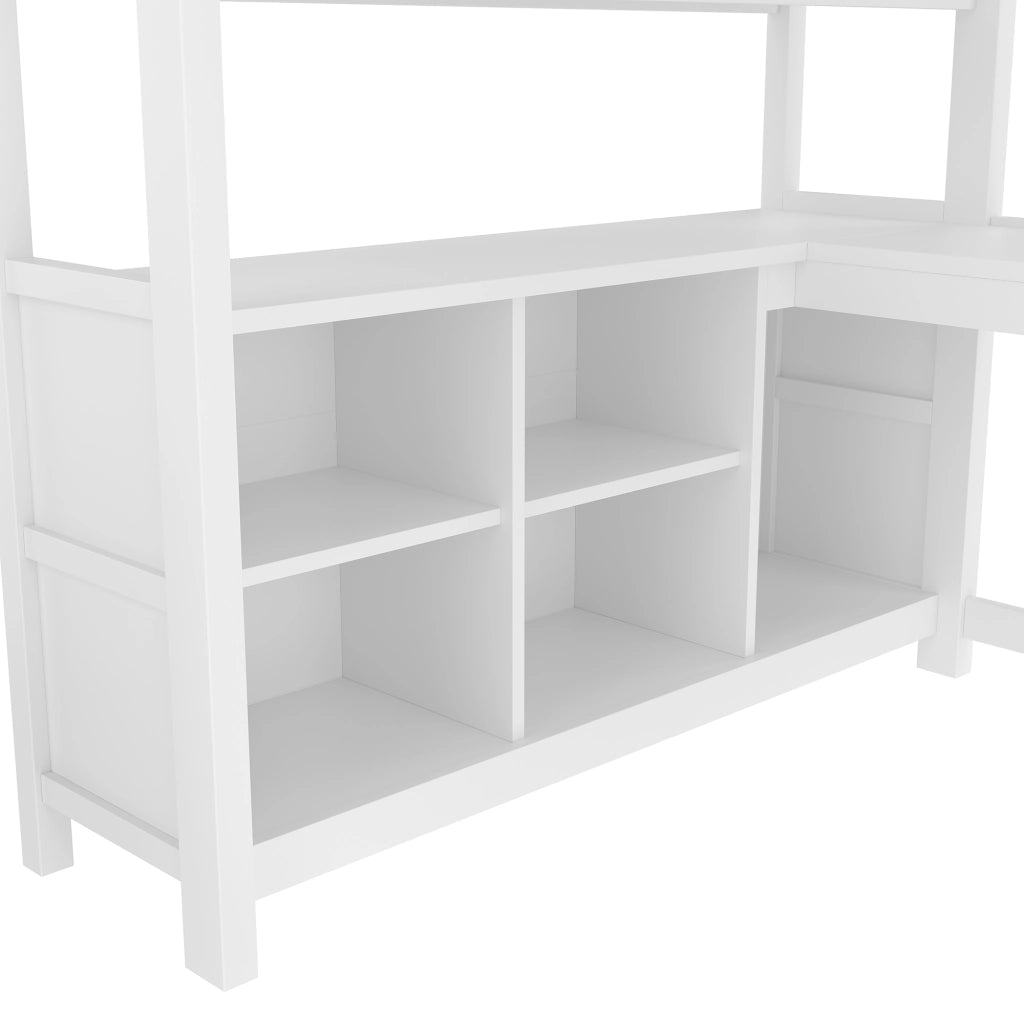 OKWISH Letto a soppalco 140×200 cm, Letto Matrimoniale con Scrivania, Armadio e Scaffali Contenitore, senza Materasso, in Pino, Bianco