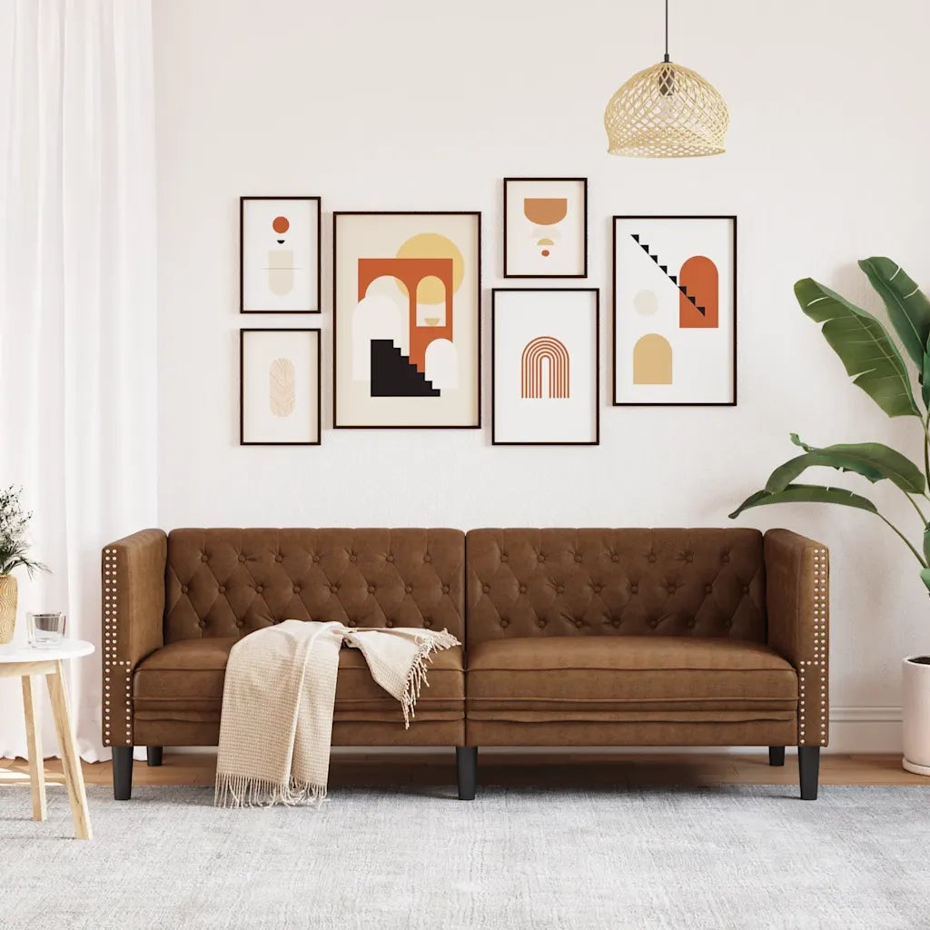 Divano | Divano da soggiorno | Sofa Chesterfield a 3 Posti Marrone in Similpelle Scamosciata