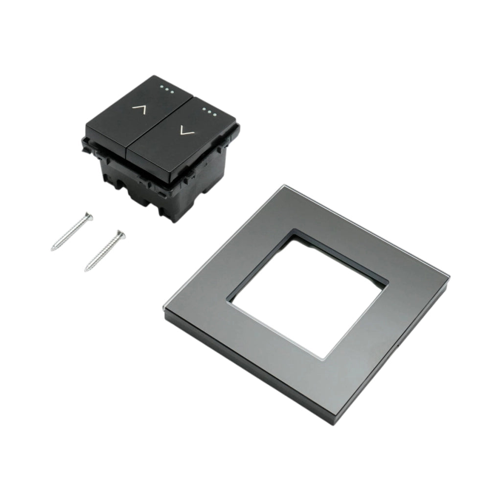 Interruttore doppio per tapparelle da incasso nero 220V, 16AX, spia luminosa, cornice in vetro 86x86x34mm
