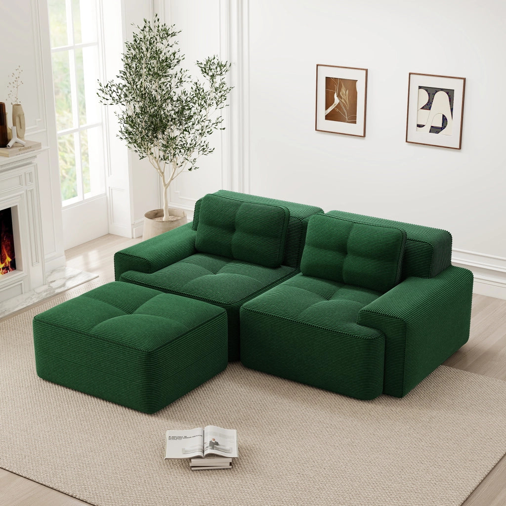 Divano modulare angolare - con seduta profonda e base antiscivolo - in tessuto a coste verde - 204 × 177 × 69 cm
