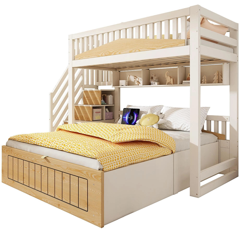 Letto a castello in legno per bambini - Xylo - 90x200 & 140x200 cm - Bianco e naturale - Con spazio di archiviazione idraulico, armadio con scala, barriera di sicurezza e porta USB-C