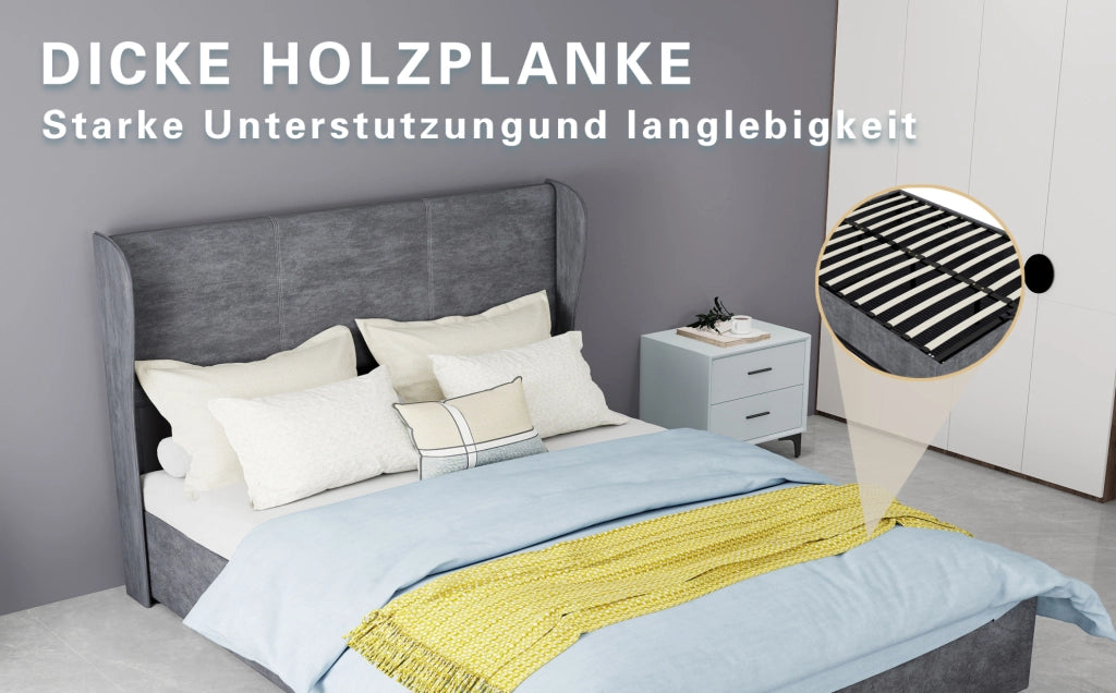 Letto imbottito ULEVR 140x200 cm con contenitore a gas e testiera in velluto grigio