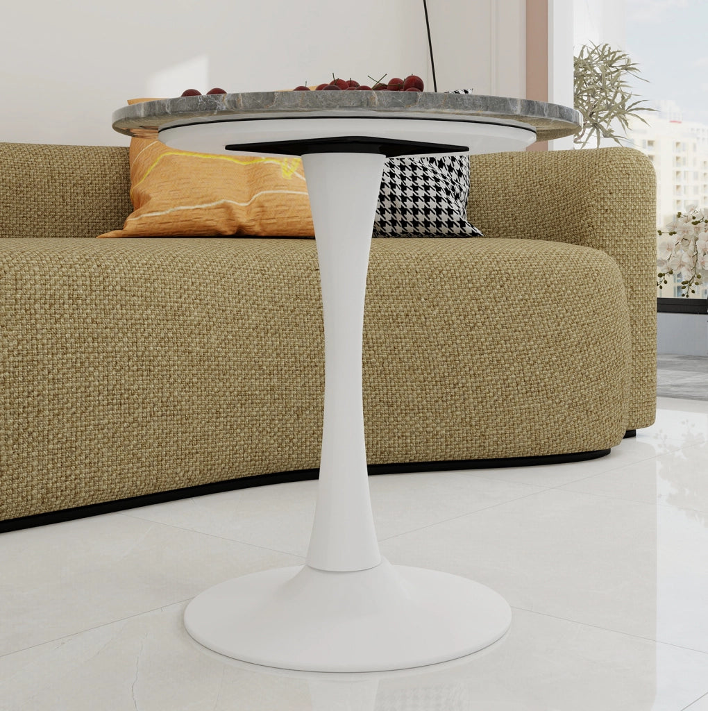 Tavolino rotondo in marmo artificiale bianco antico e grigio