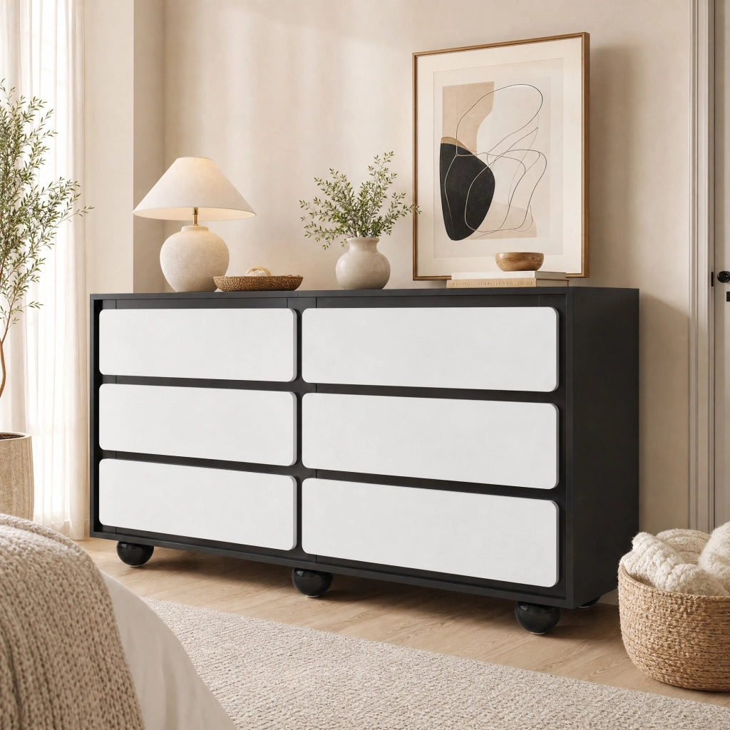 Comò 6 cassetti 140 × 38 × 74,5 cm, Bianco/Nero, in pannello di legno