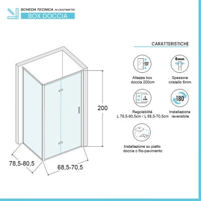 Box doccia 80x70 cm con porta a soffietto serigrafata H 200 cm Ted