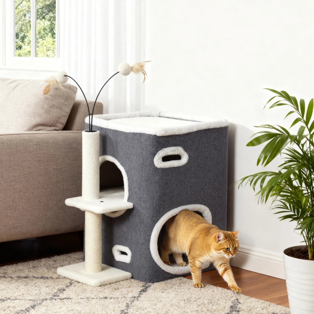 Tiragraffi per Gatti con Piattaforma Superiore ¨C Xylo ¨C Casa a 2 Piani con Pali in Sisal, Grigio