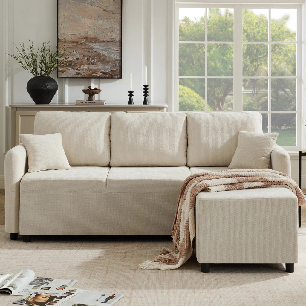 Divano angolare 3 posti in ciniglia con seduta relax e cuscini inclusi struttura in legno beige chiaro compatto