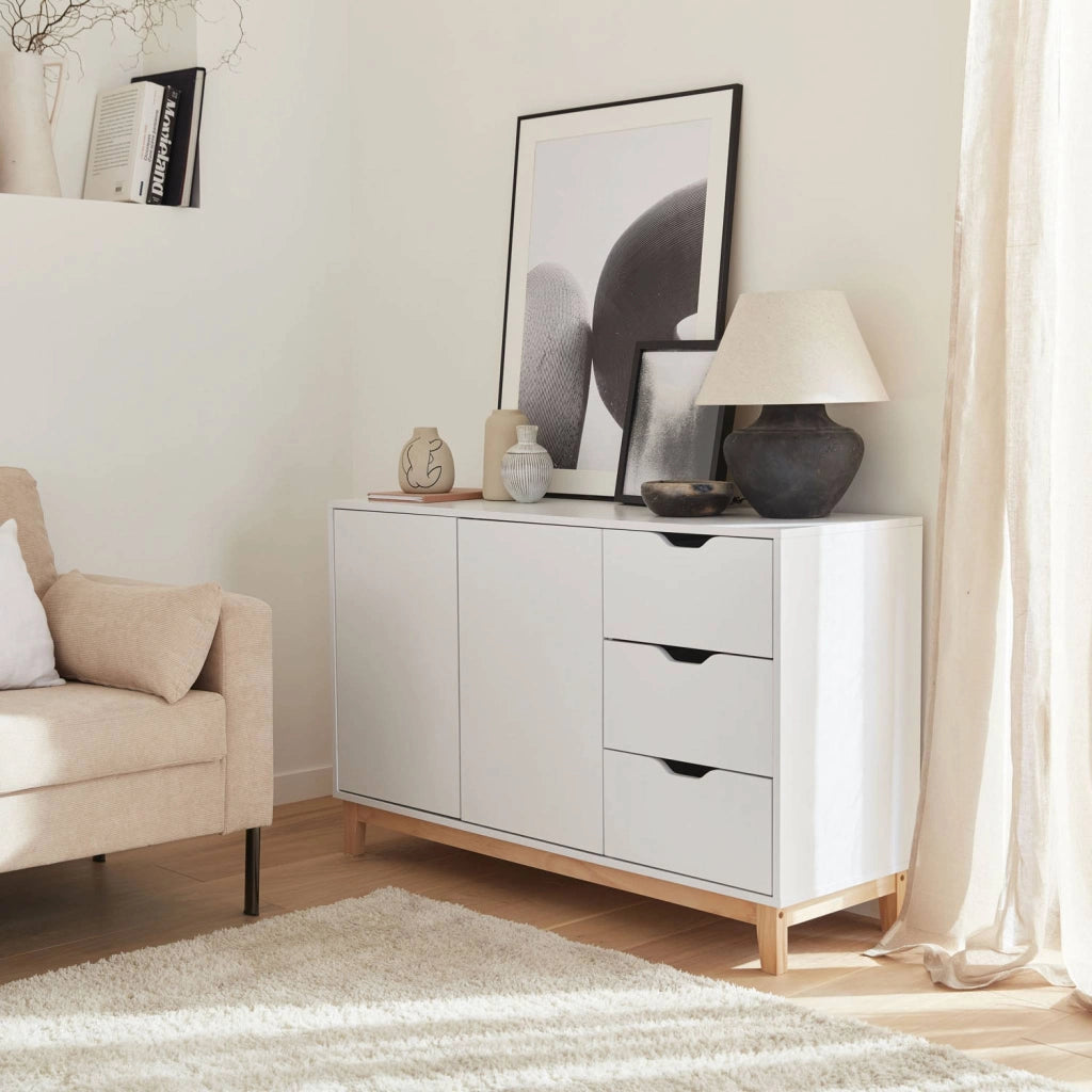 Credenza effetto legno con gambe in legno 2 ante, 120cm, bianco