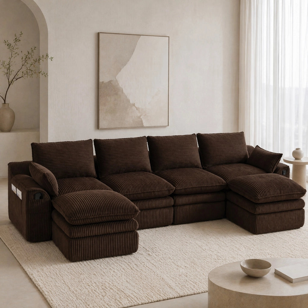 Divano modulare 4 posti in corduroy marrone; 335x167x85 cm; con 2 pouf e tasche laterali
