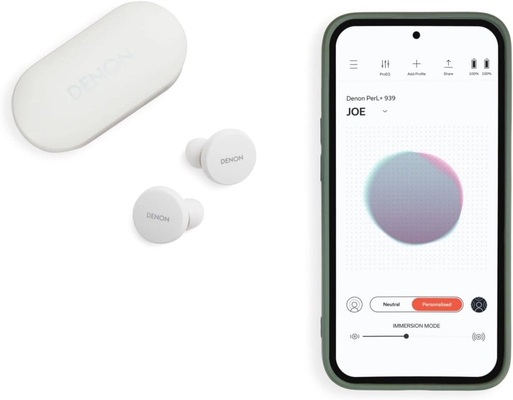 DENON PerL - Auricolari True Wireless, profilo audio personalizzato, cancellazione del rumore, resistenti all'acqua, con microfoni integrati e batteria a lunga durata, colore: bianco