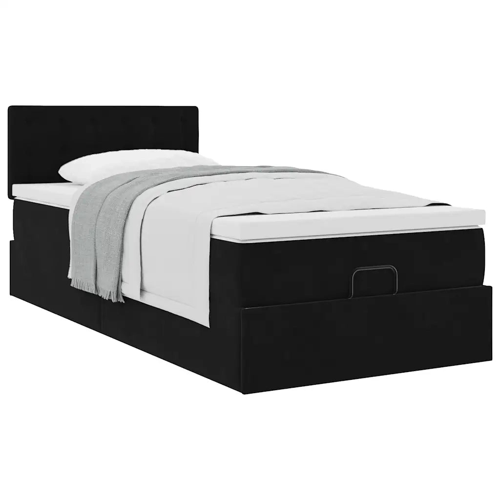 Struttura Letto Pouf con Materasso Nero 90x190 cm in Velluto