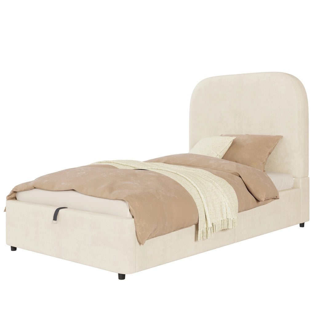 Letto imbottito singolo con contenitore idraulico; testiera imbottita in velluto beige