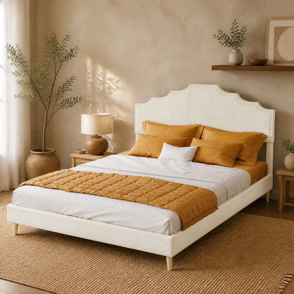 Letto matrimoniale 140x200 cm con testiera imbottita beige e design geometrico