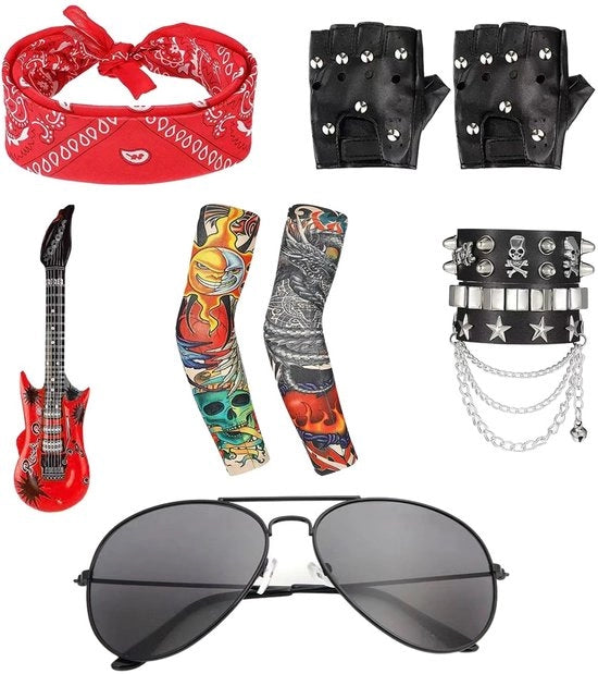 Costume rockstar 8 pezzi - Abito da costume unisex - Accessori punk - Cosplay - Adatto per eventi rock - Materiale riciclabile