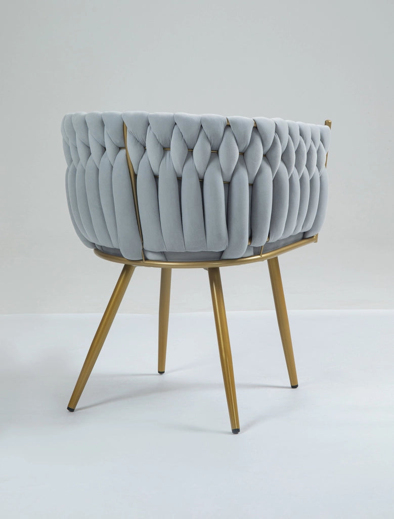Poltrona Con Schienale In Velluto Intrecciato Design Moderno, Sedia Imbottita Circolare con Gambe in Metallo Placcato Oro Poltroncina  - Grigio