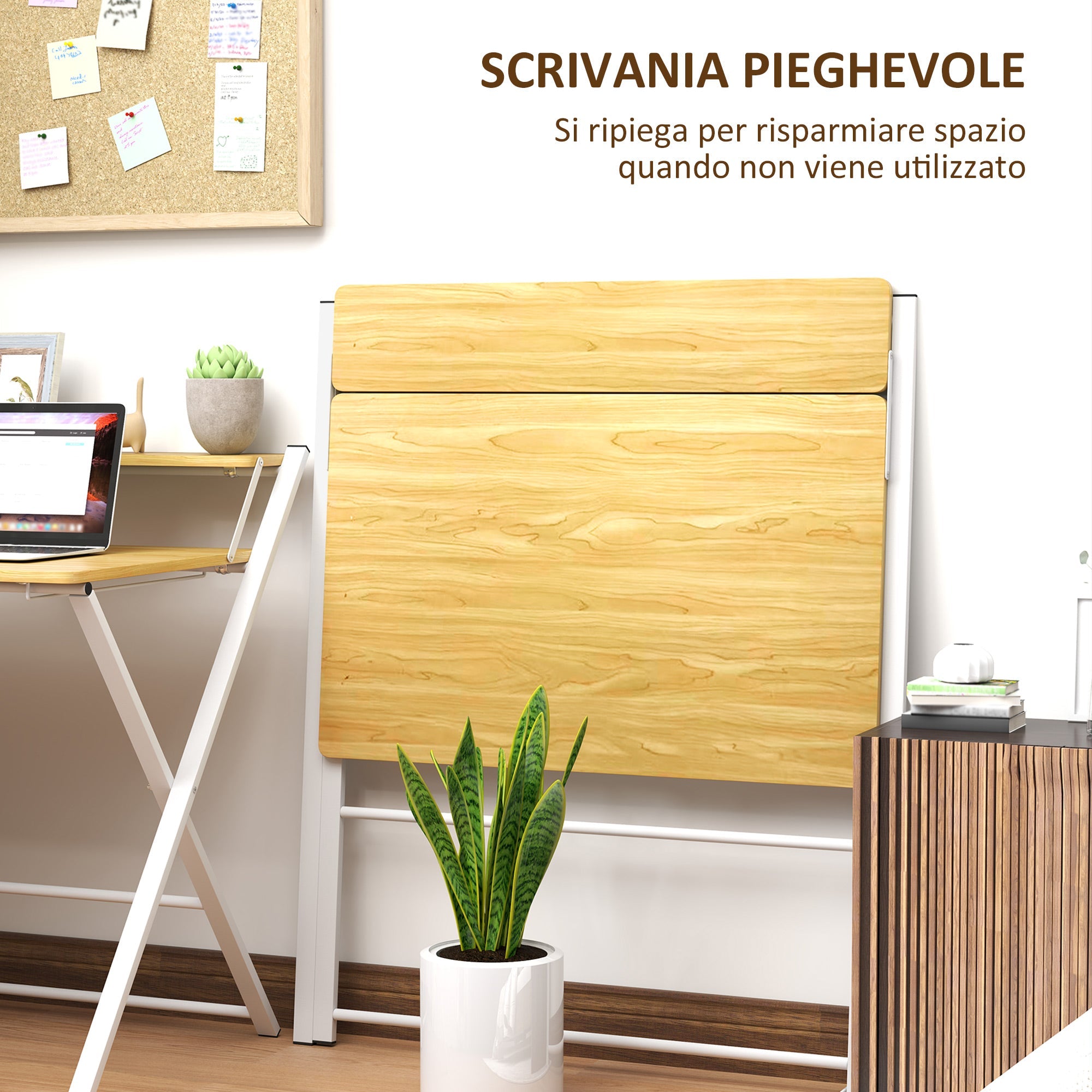 Scrivania Pieghevole 86x66x82 cm con Ripiano Rialzato in Legno e Acciaio Bianco