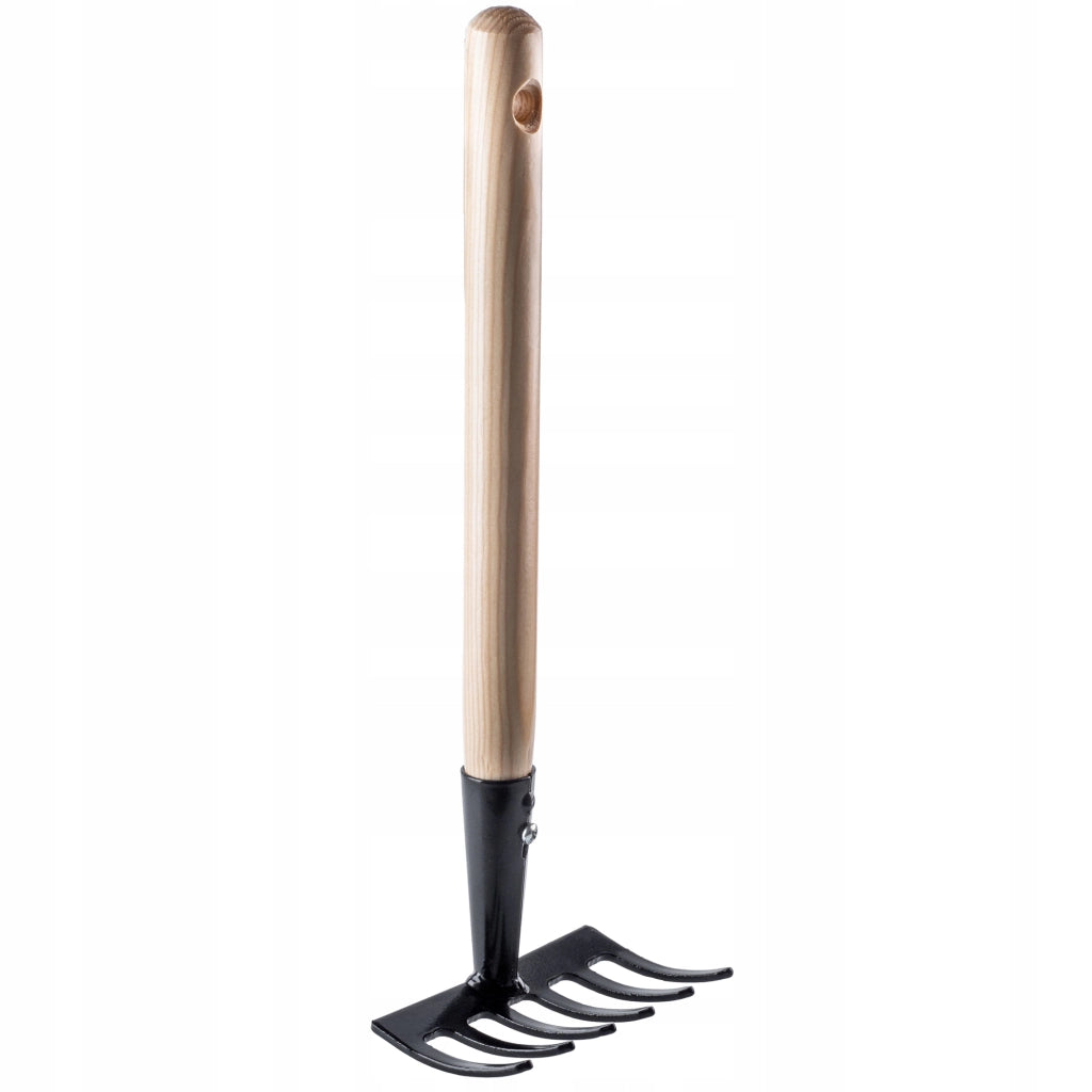 Rastrello da giardino in metallo KADAX, piccolo, 33 cm, 6 denti, manico in legno massello
