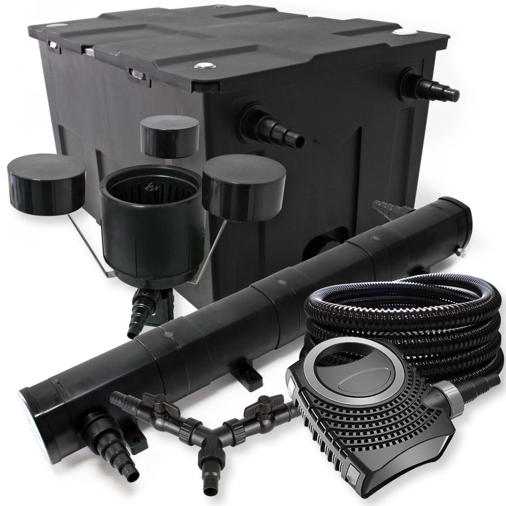 Set Filtro 60.000l Chiarificatore laghetto 72W Pompa NEO10000 80W Tubo 25m Skimmer