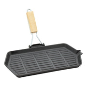 Set di 6 Bistecchiere In Ghisa Rettangolare Cm 34x21 Manico Pieghevole Inserto Legno