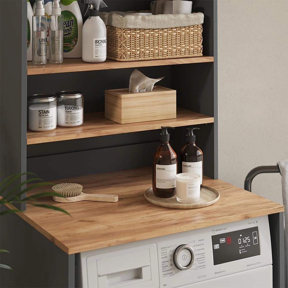 Mobile lavatrice Viktor, Antracite/quercia dorata, 66 x 88.2 cm 2 parti con ripiano, adatto per l'installazione su lavatrici standard