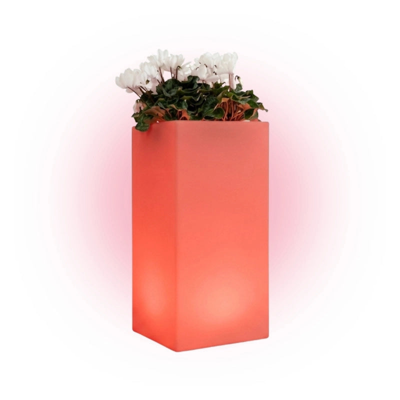 Vaso luminoso alto moderno di design 40x40 H80 in polimero resistente con LED multicolor con bateria e solare per interno ed esterno - Made in Italy