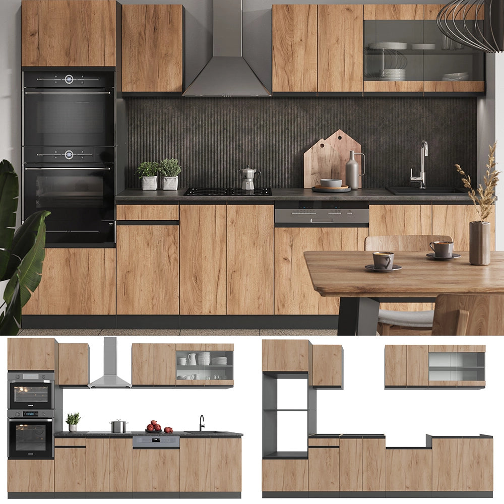 Cucina componibile R-Line Rovere dorato/Antracite 300 cm J-Shape con armadio alto, PL Rovere Vicco