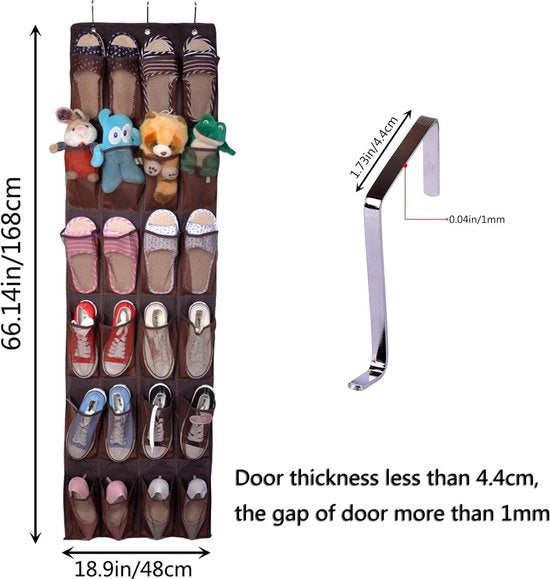 Orecciatori per porte, mesh nylon, 24 tasche, contenitore per scarpe, sandali, pantofole, ciabatte, zoccoli, marrone