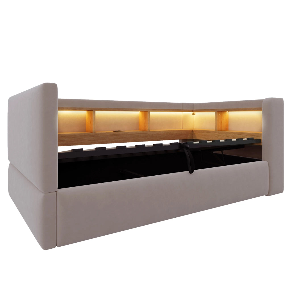 Divano letto imbottito 90x190 cm con vano contenitore idraulico, LED e prese, grigio scuro