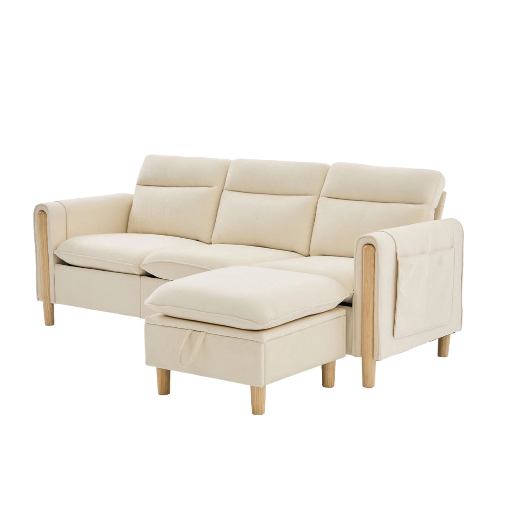 Divano modulare a L 3 posti con pouf contenitore; ciniglia beige e chaise longue reversibile