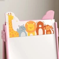 Cavalletto Artistico per Bambini 3-8 Anni con Lavagna a 2 Lati e 2 Cestini Contenitori, in Legno, 53.5x49x113 cm, Rosa