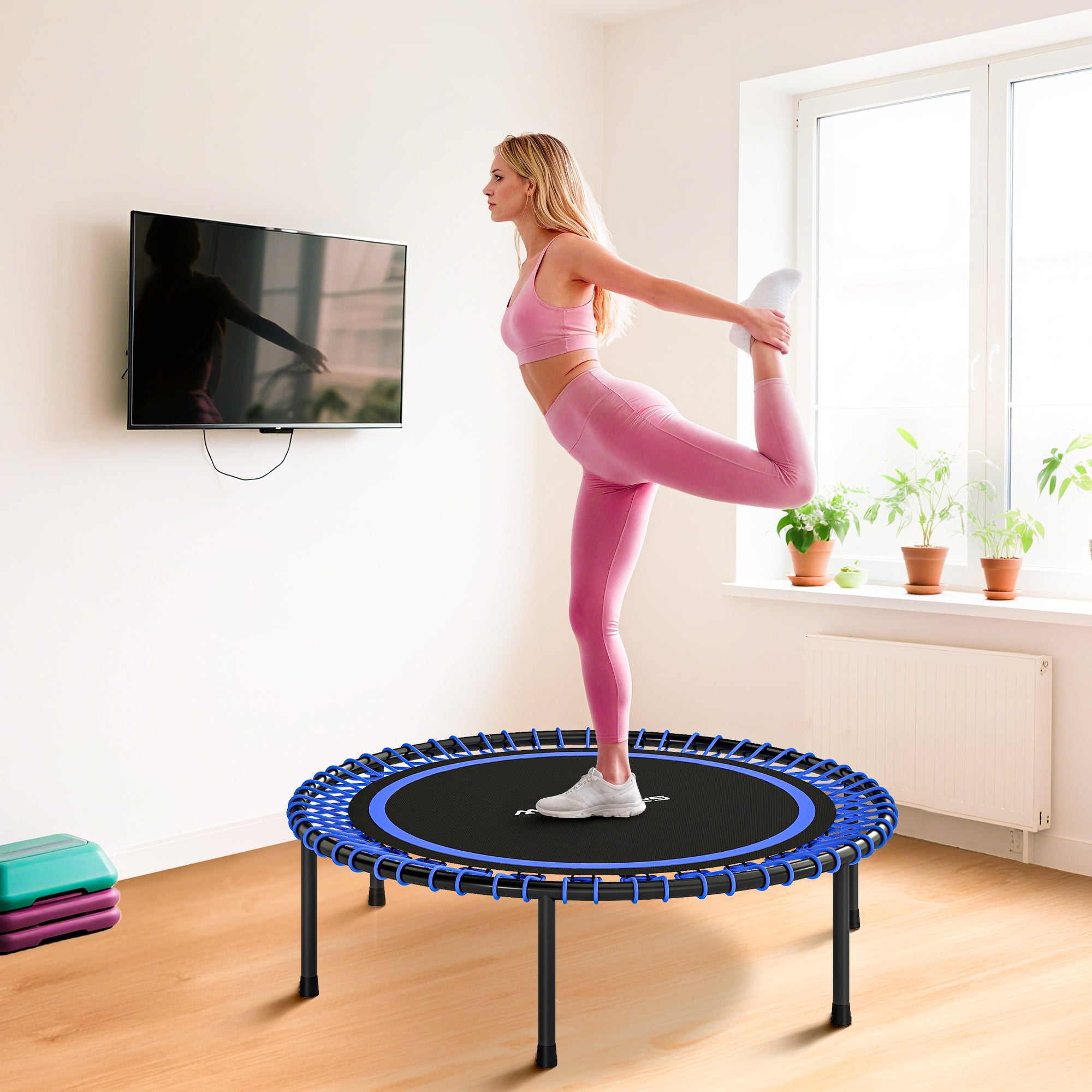 Trampolino Elastico Fitness Ø114x31 cm a 36 Corde in Acciaio e PP Blu